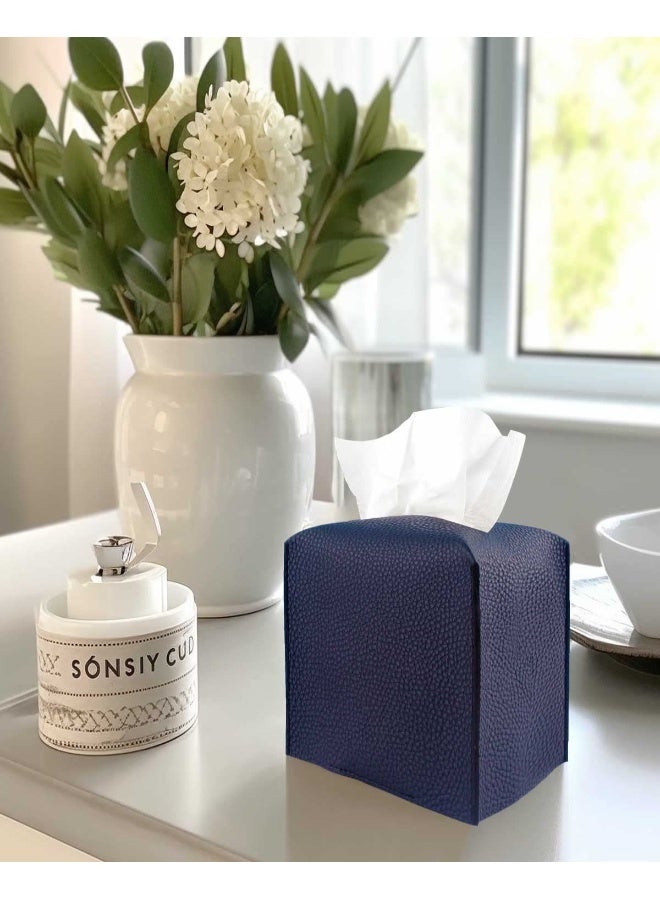 JESMINI Tissue Box Cover Square Leather - Tissue Box Holder with Bottom Belt [JESMINI, Navy Blue] Decorative Cube Tissue Holder for Bathroom - Image 4